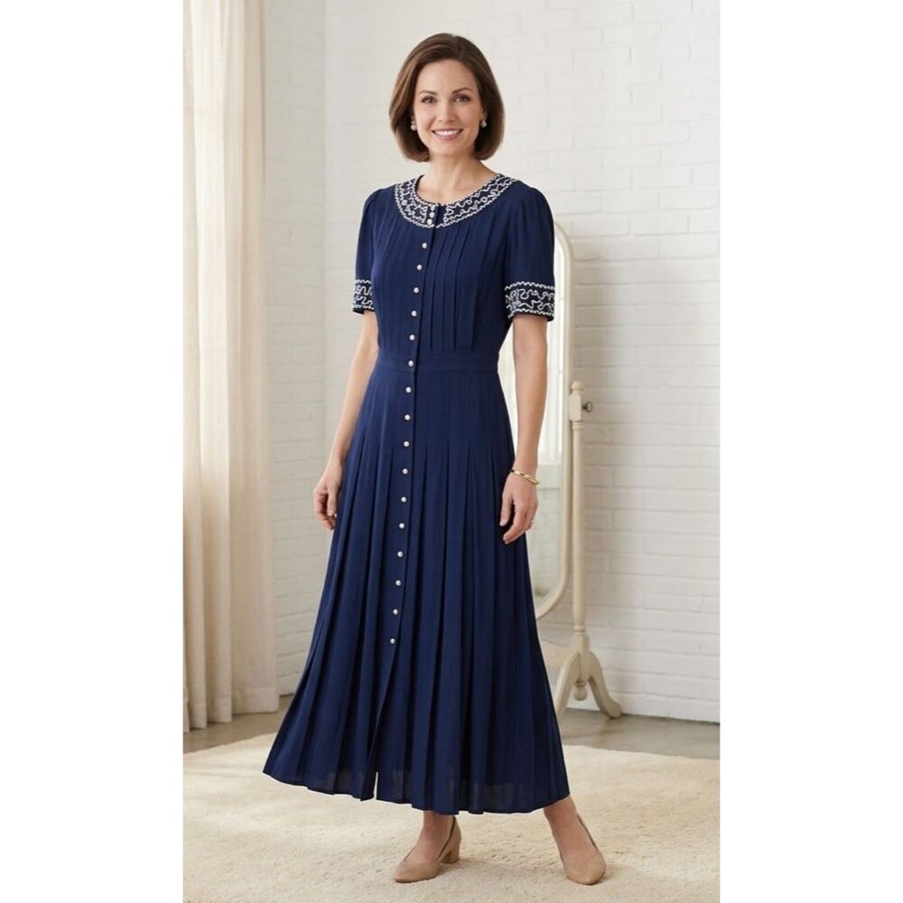 Plaza South Button Down Navy Blue Maxi Dress Sz 10 Embroidered  Short Sleeve